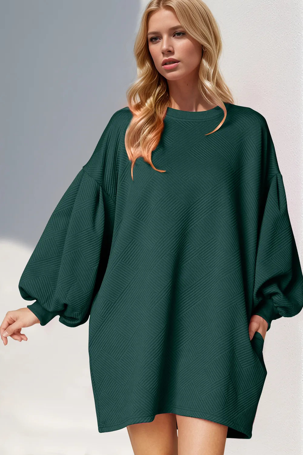 Double Take Drop Shoulder Lantern Sleeve Texture Mini Dress with Pockets Main image