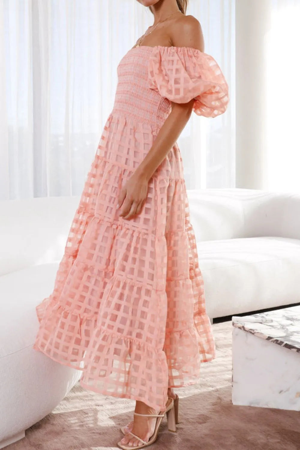 Off Shoulder Short Puff Sleeve Midi Dress view 5 - Shopiebay