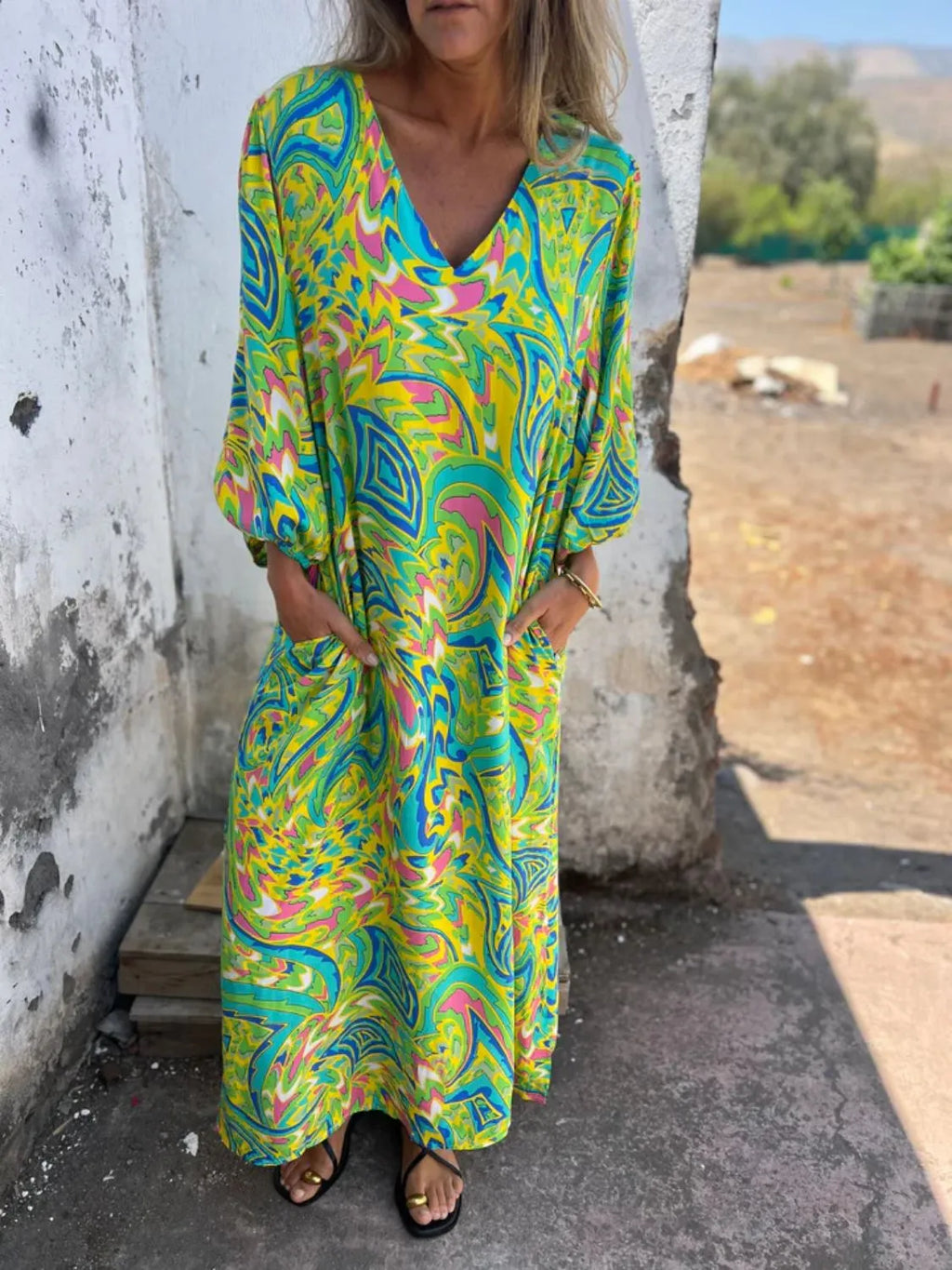 Printed V-Neck Dress with Pockets - product image 8