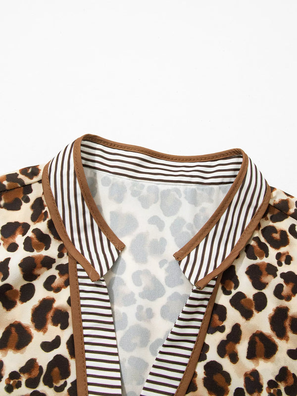 Leopard Print Striped Patchwork 3/4 Sleeve Loose Mini Dress view 5 - Shopiebay