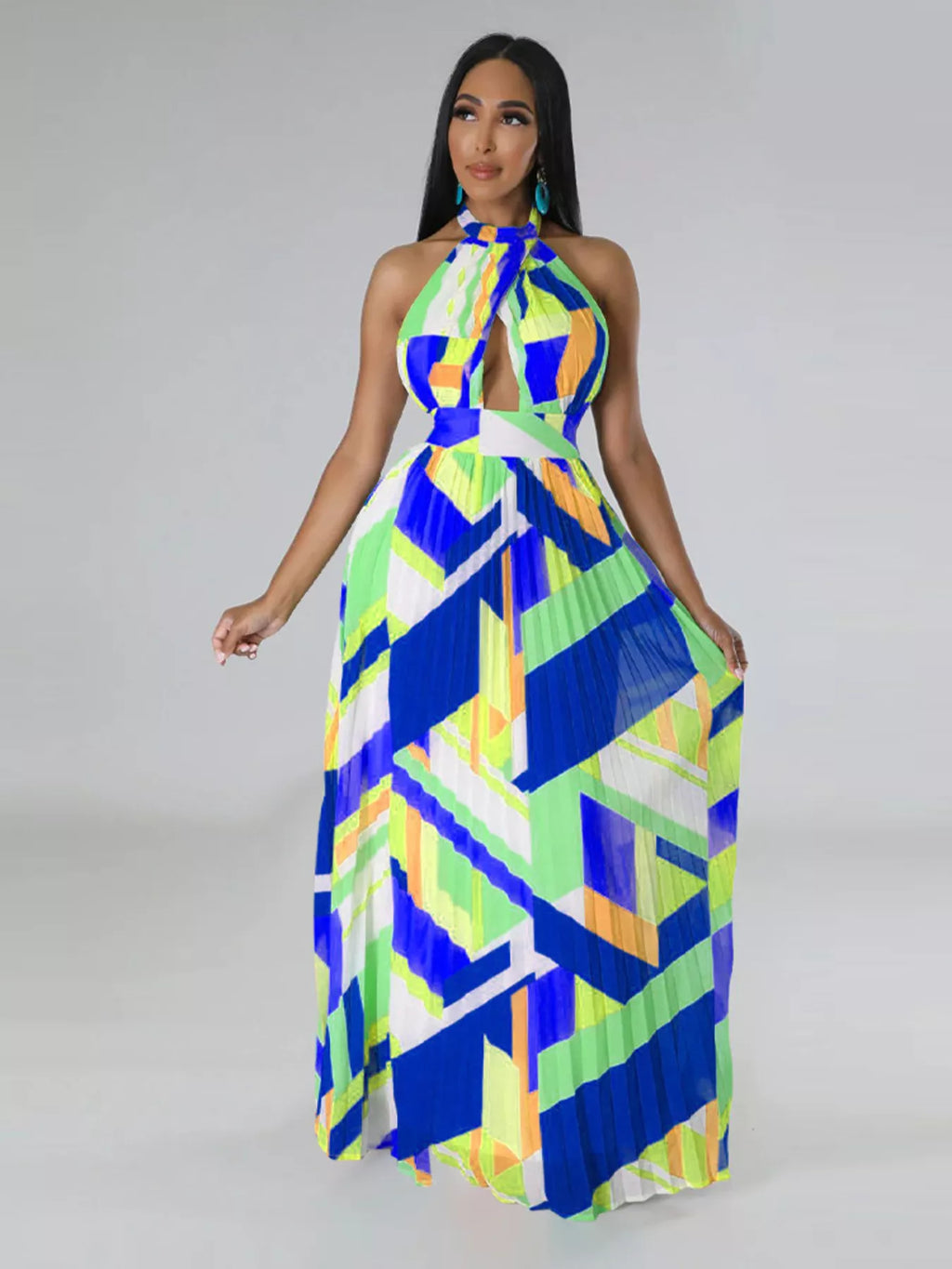 Halter Neck Geometric Print Pleated Maxi Dress - product image 15