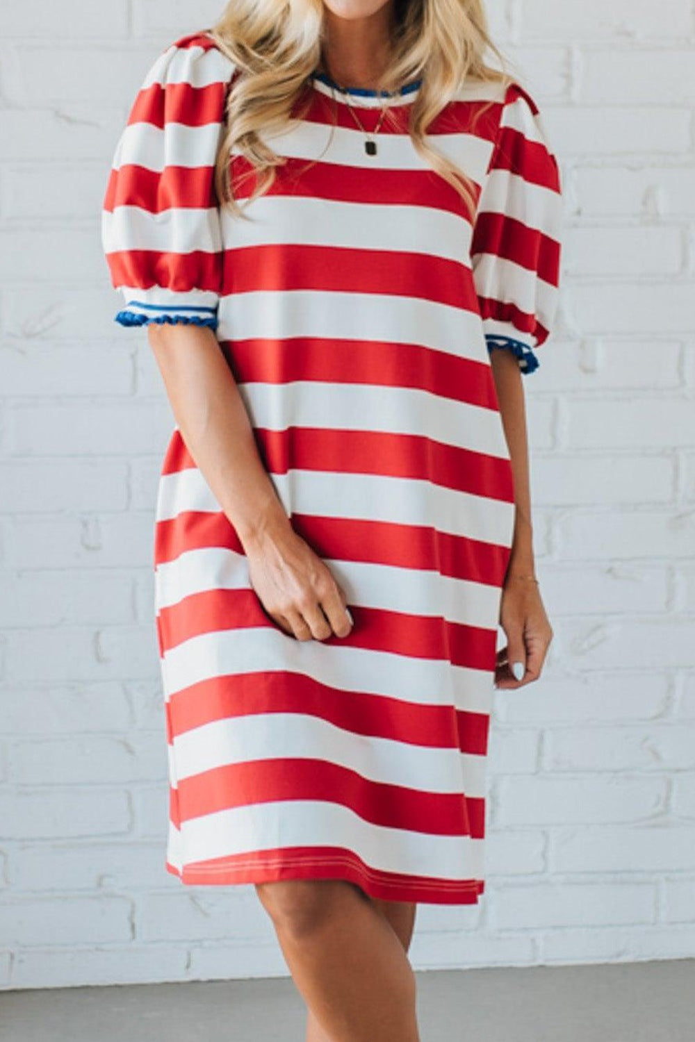Striped Puff Sleeve Casual Mini Dress Secondary image