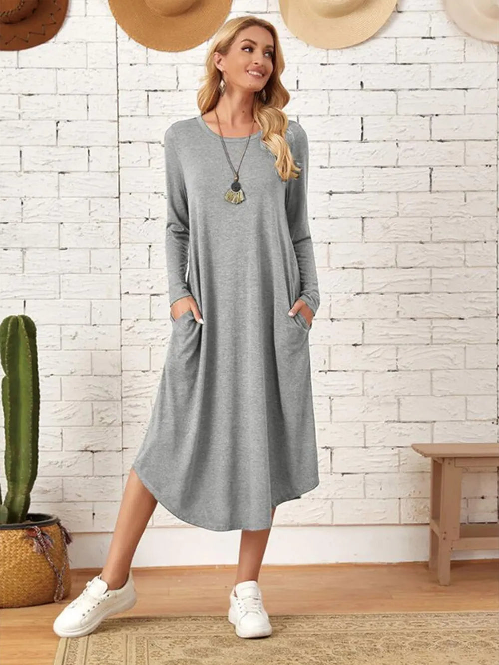 Pocketed Round Neck Long Sleeve Tee Dress view 4 - Shopiebay