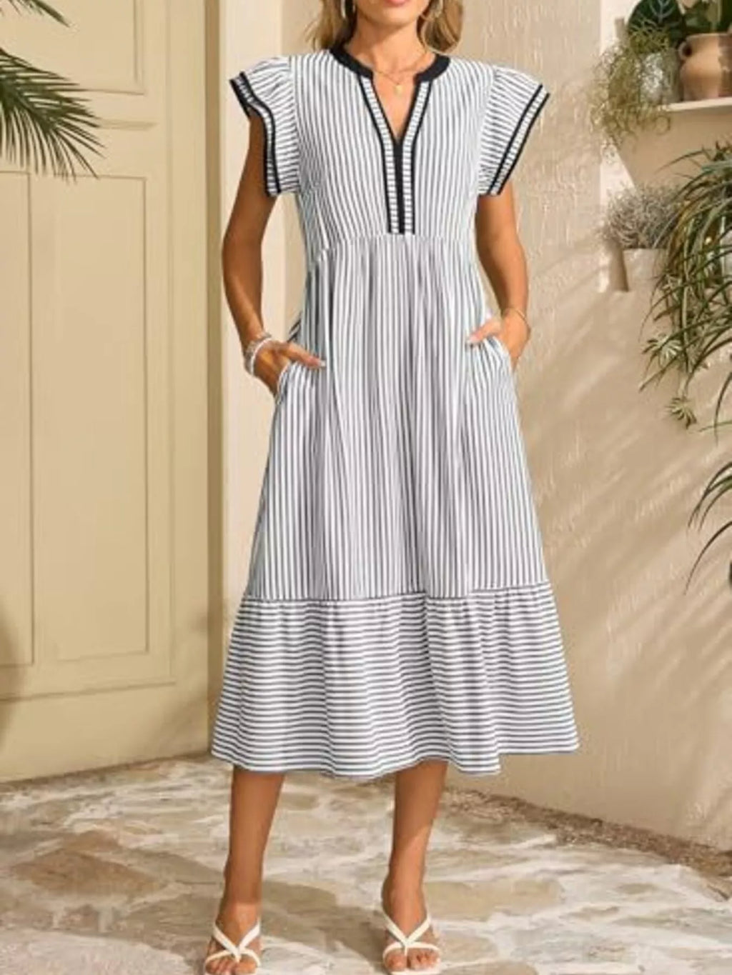 Striped Notched Ruffle Sleeve Dress - product image 8