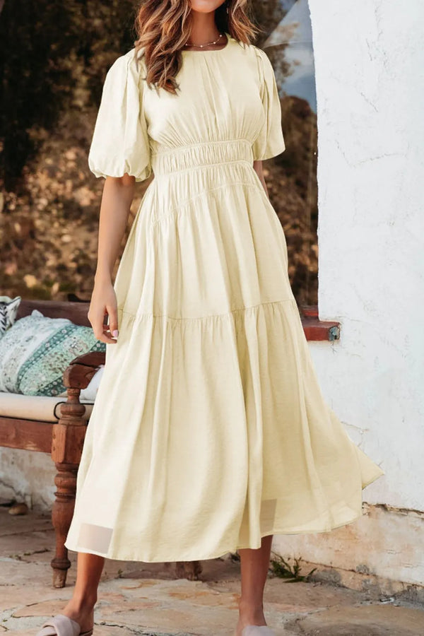 Puff Sleeve Pleated High Waist Flowy Midi Dress view 9 - Shopiebay