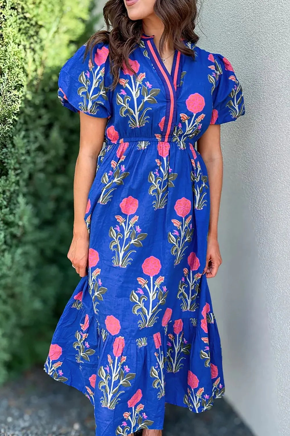 Floral Puff Short Sleeve Notched High Waist Dress Main image