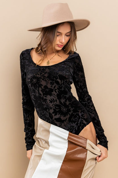 Ces Femme Velvet Floral Long Sleeve Bodysuit