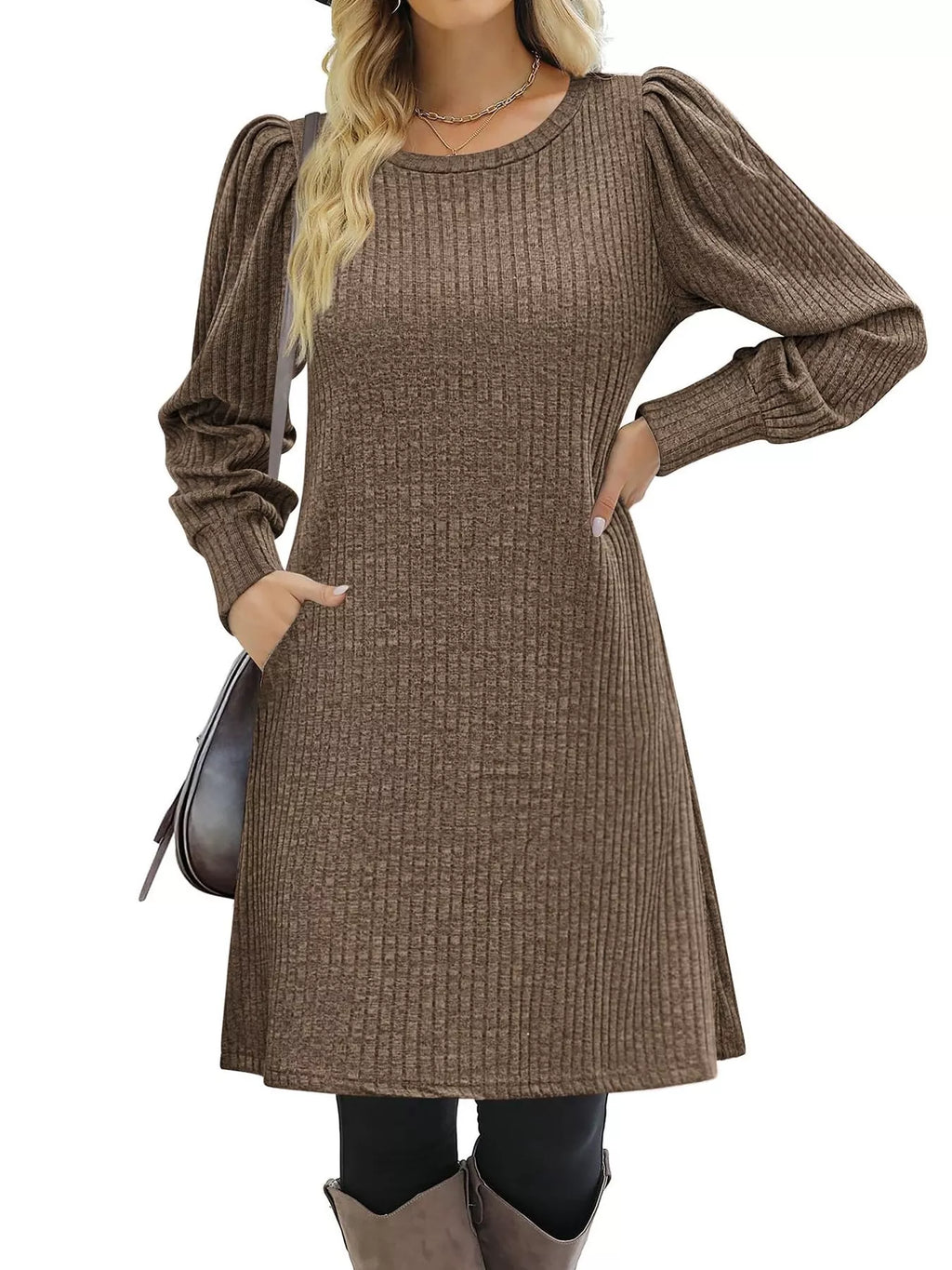 Ribbed Knit Puff Sleeve Casual Mini Dress - product image 24