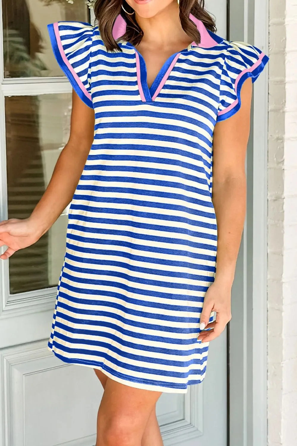 Stripe Print Contrast Collar Split Neck Flutter Sleeve Dress - product image 14