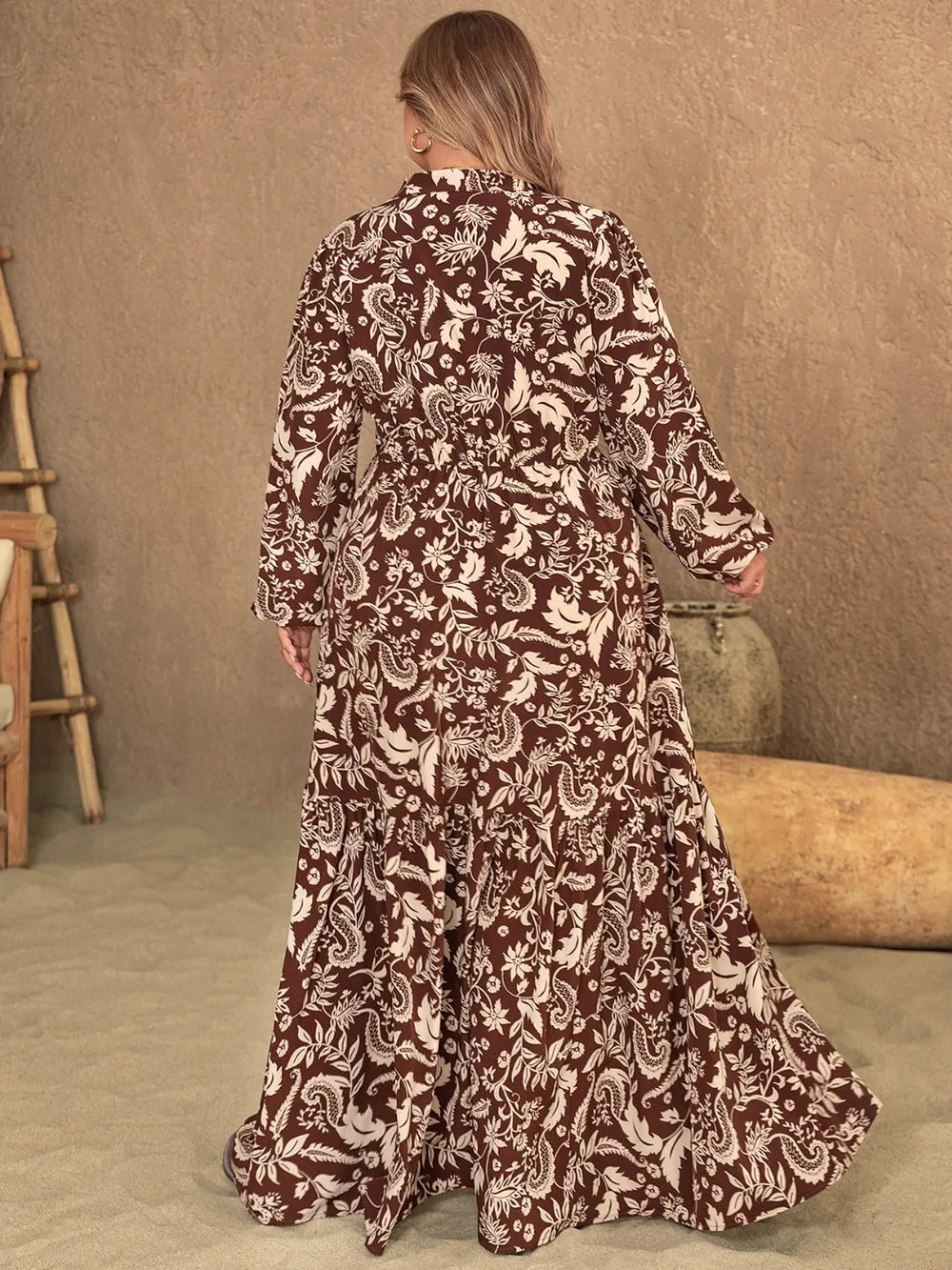 Plus Size Notched Balloon Sleeve Printed Maxi Dress Secondary image