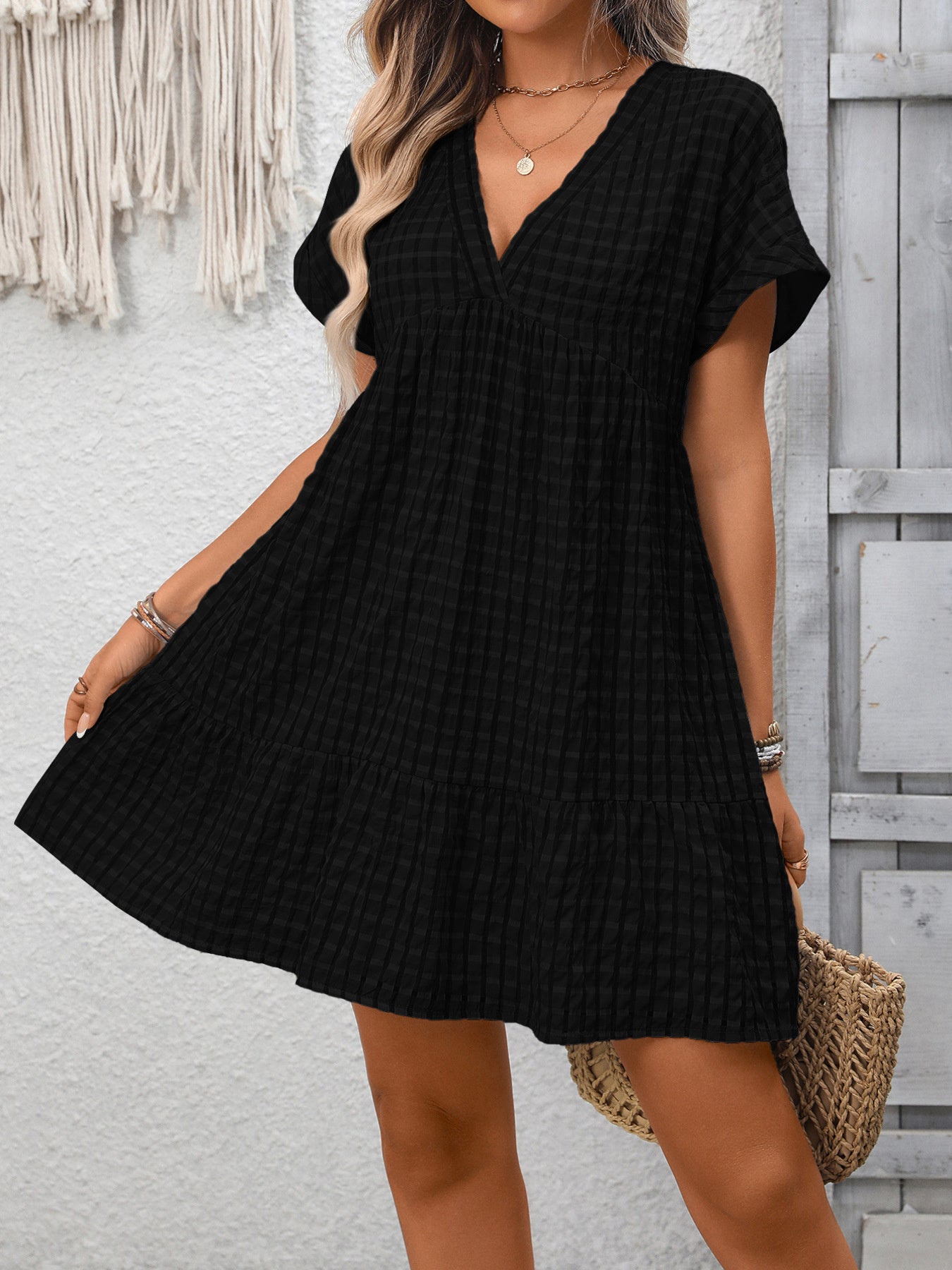Plaid V-Neck Ruffle Hem Mini Dress - product image 19