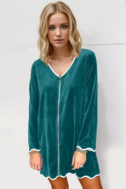 Double Take Wave Contrast Trim V-Neck Zip Up Long Sleeve Mini Dress view 6 - Shopiebay