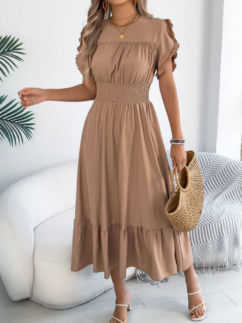 Smocked Frill Round Neck Midi Dress - product image 8