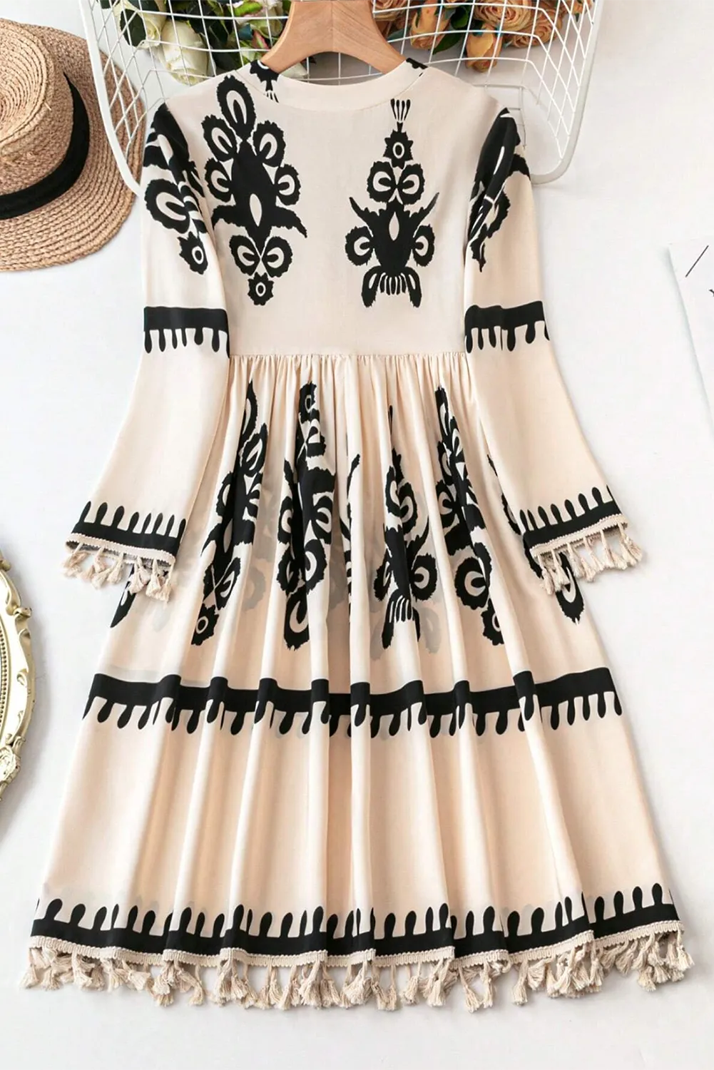 Tassel Printed Three-Quarter Sleeve Mini Dress view 3 - Shopiebay
