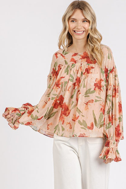 Mittoshop Floral Round Neck Flounce Sleeve Blouse