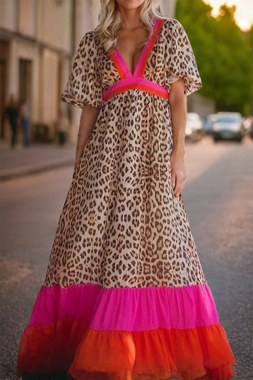 Leopard V-Neck Half Sleeve Maxi Dress Main image
