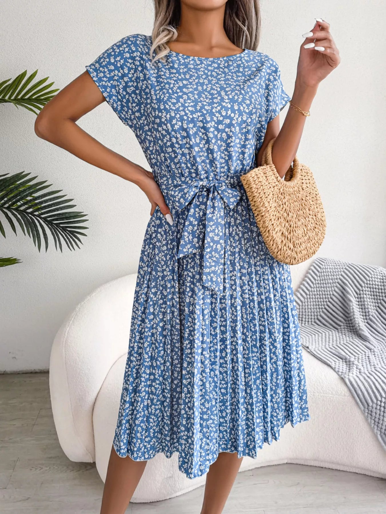 Women's Floral Pleated Midi Dress with Belt – Casual Spring Style - product image 5