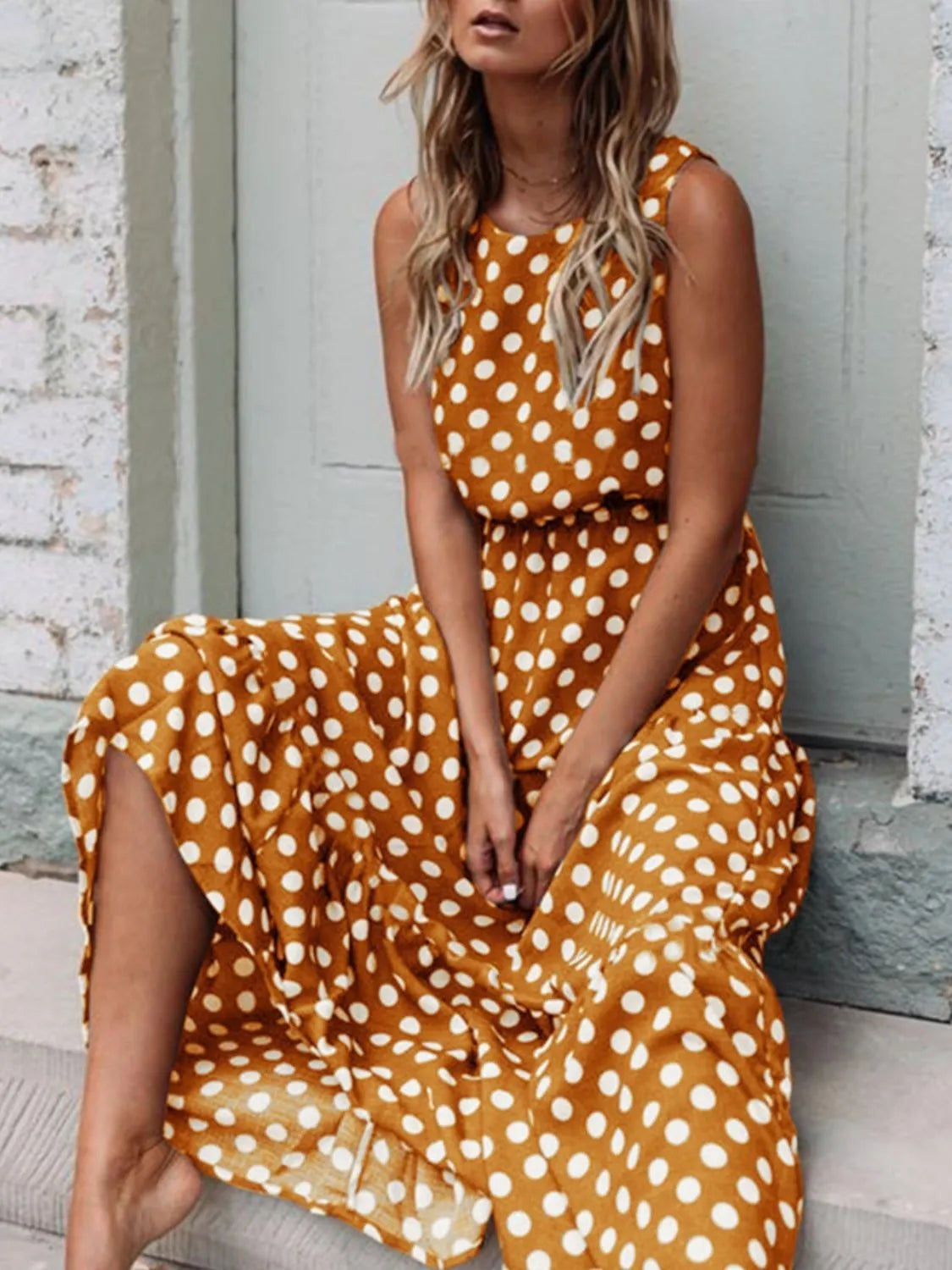 Polka Dot Round Neck Sleeveless Midi Dress view 6 - Shopiebay