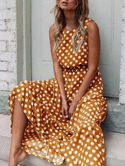Polka Dot Round Neck Sleeveless Midi Dress view 6 - Shopiebay