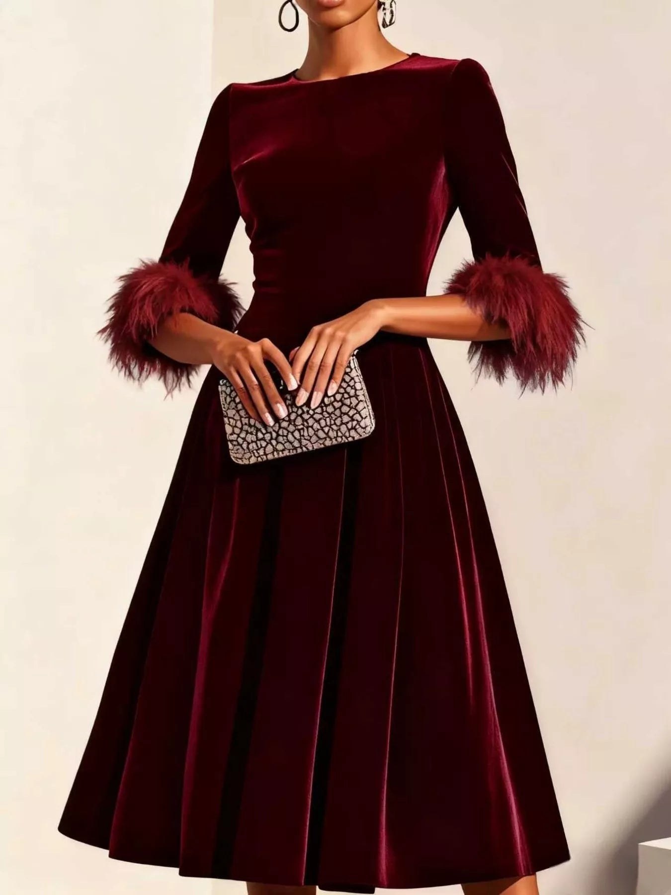 Velvet Midi Dress with Feather Cuffs - product image 3