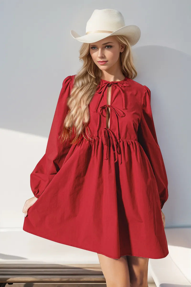 Double Take Christmas Front Tied Long Sleeve Mini Dress Main image