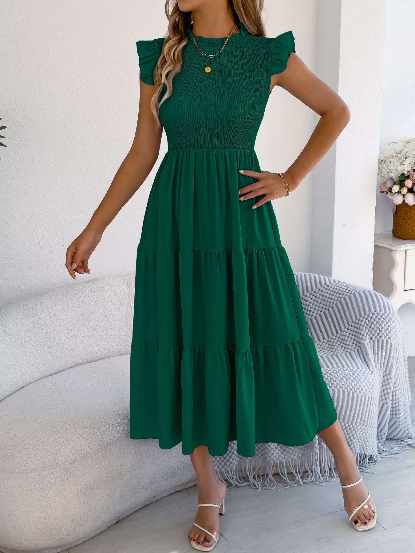 Women's Smocked Ruffle Midi Dress – Casual A-Line Cap Sleeve - product image 2