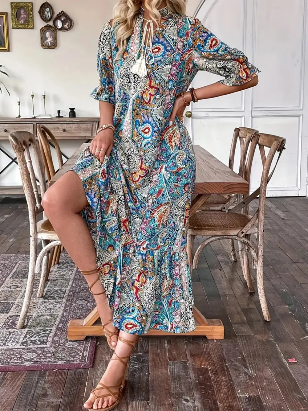 Printed Tie Neck Flounce Sleeve Midi Dress - product image 10