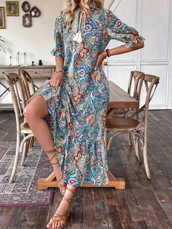 Printed Tie Neck Flounce Sleeve Midi Dress - product image 10