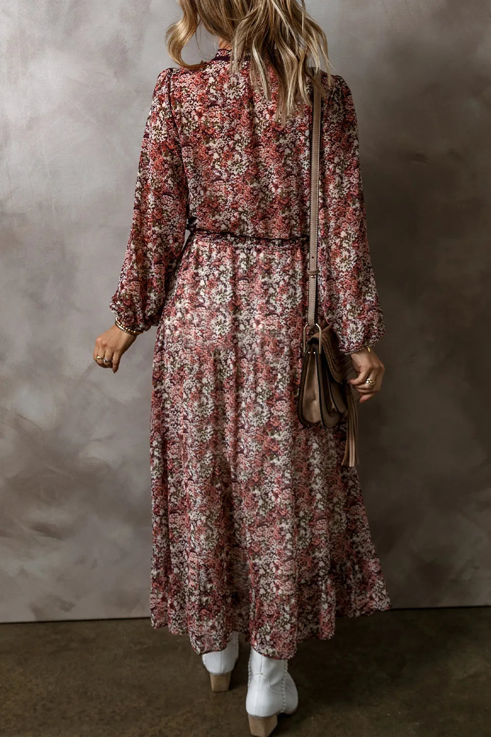 Frill Printed V-Neck Long Sleeve Midi Dress view 3 - Shopiebay