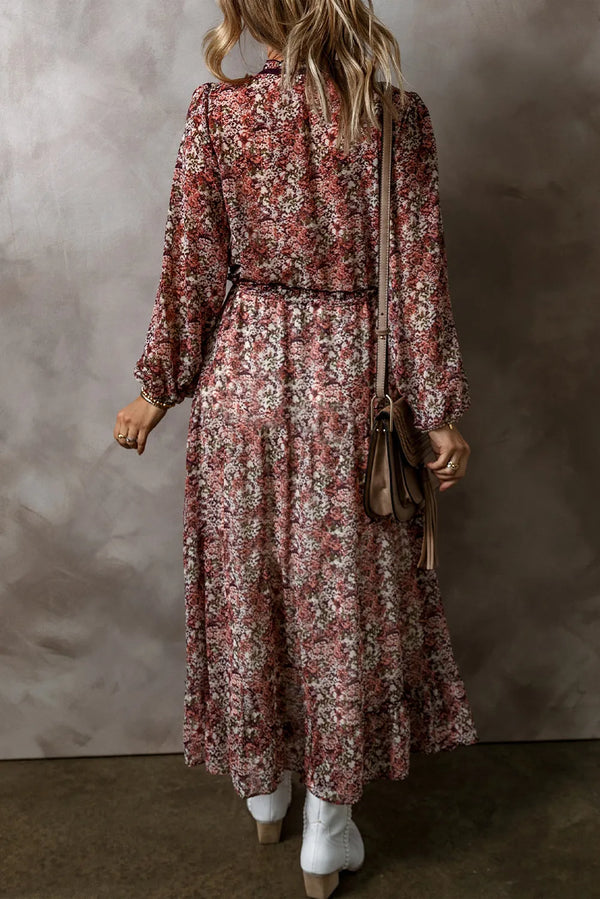 Frill Printed V-Neck Long Sleeve Midi Dress view 3 - Shopiebay