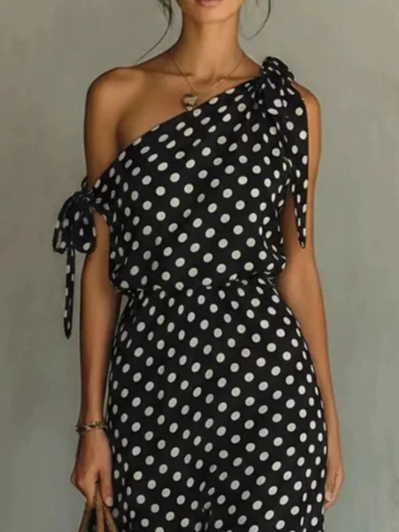 Full Size Polka Dot One-Shoulder Maxi Dress with Tie Details Plus Size - product image 2