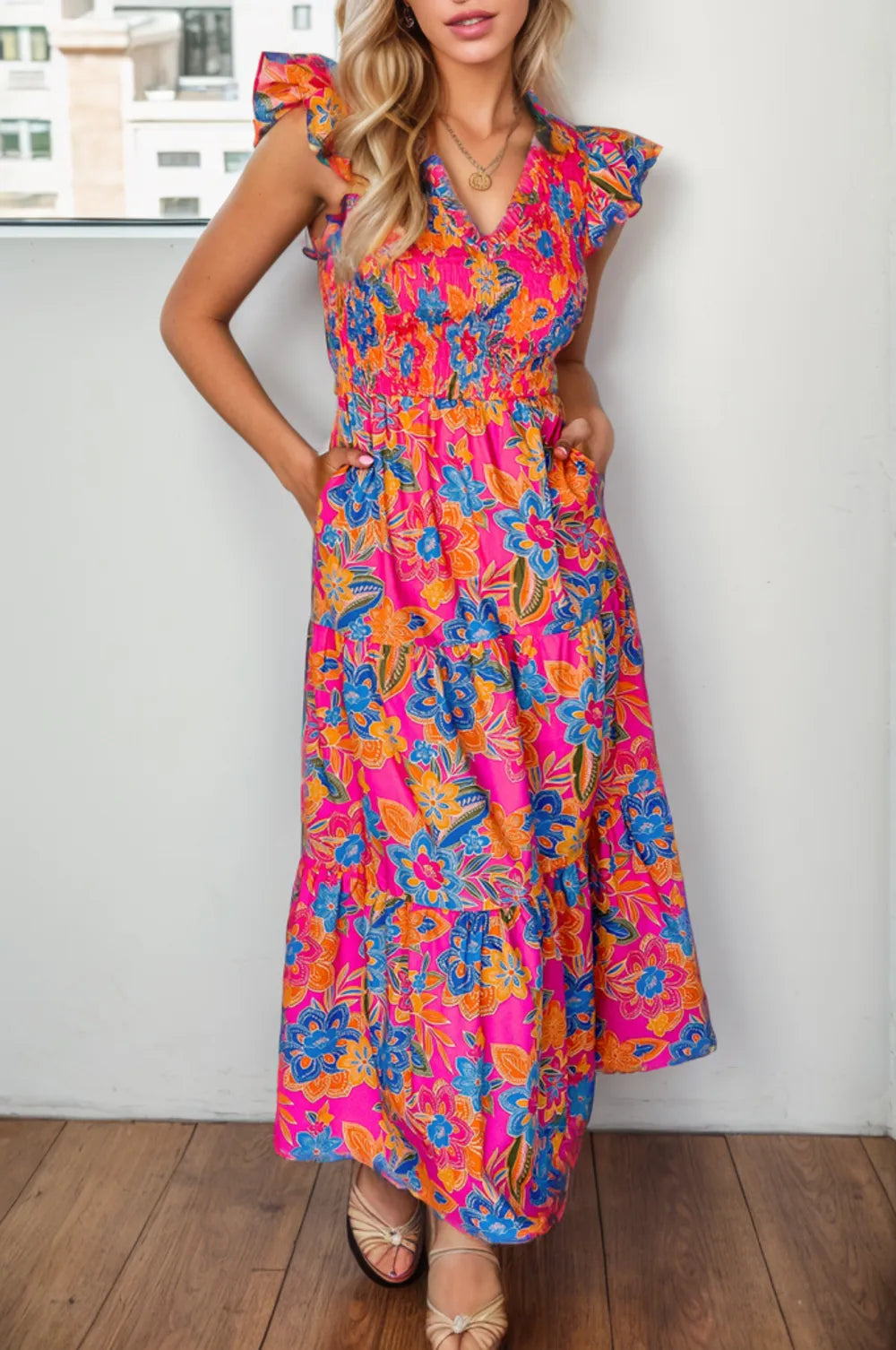 Printed V-Neck Cap Sleeve Pocketed Midi Dress Main image
