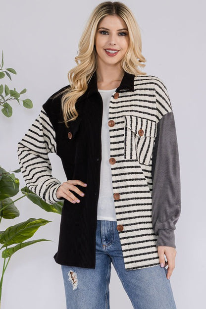 Celeste Full Size Striped Button Up Dropped Shoulder Shacket