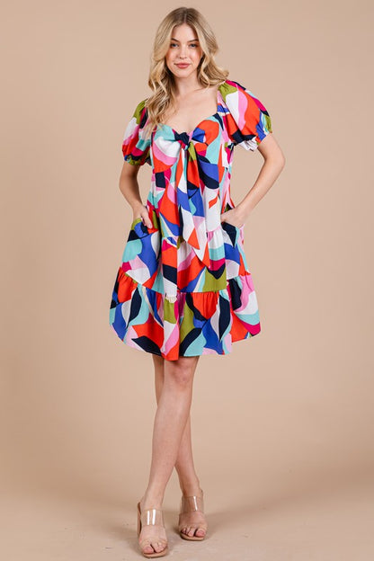 Ces Femme Abstract Print Sweetheart Neck Puff Sleeve Dress