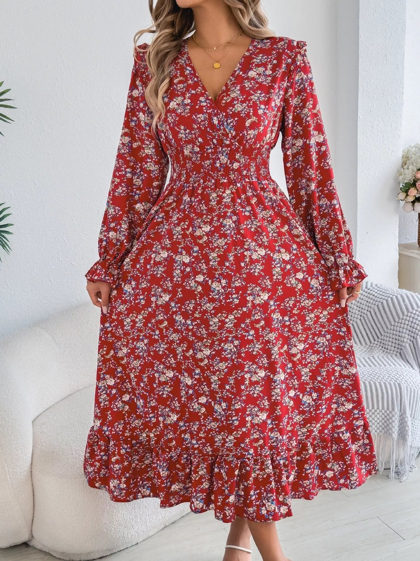 Ruffled Floral V-Neck Flounce Sleeve Dress - product image 9