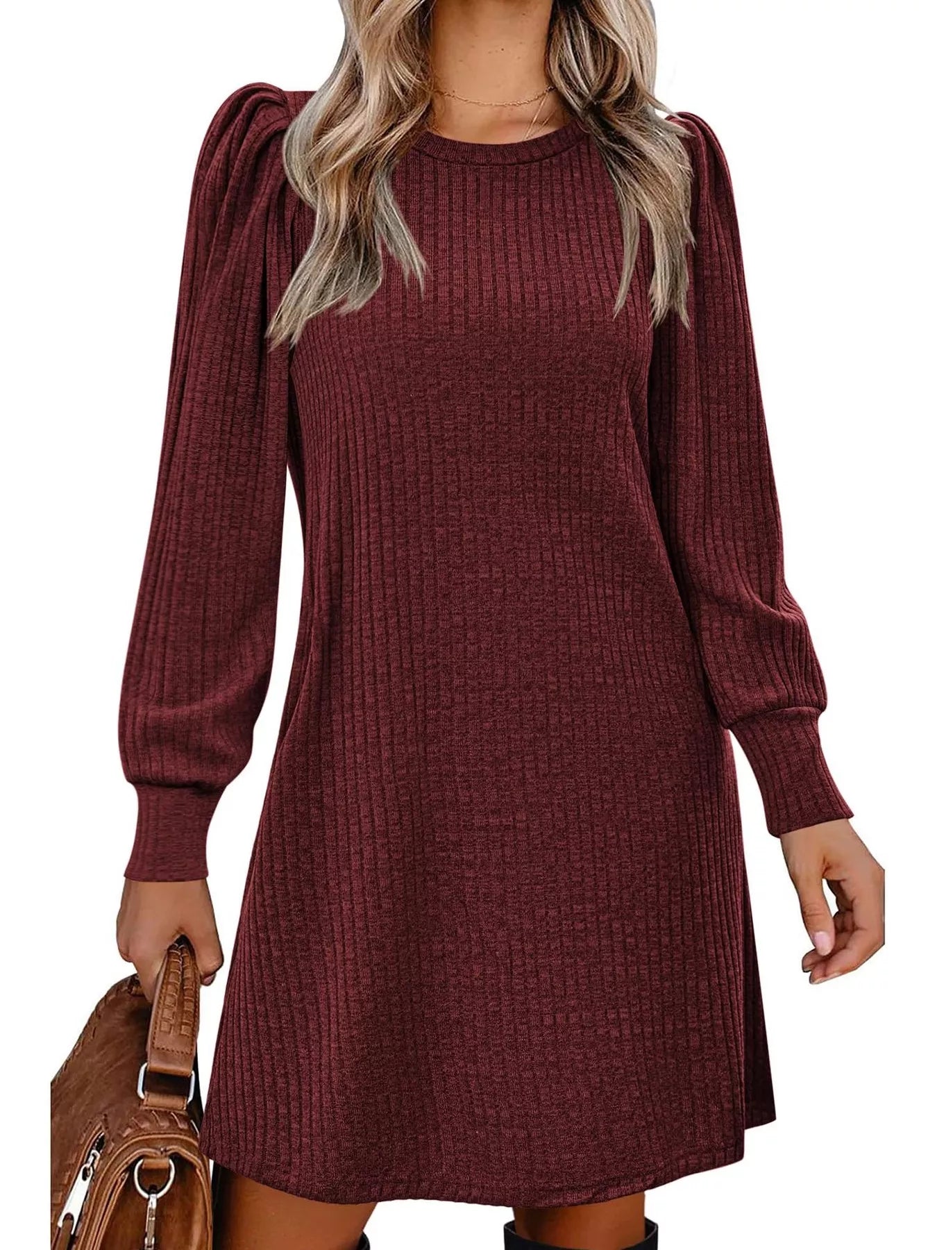Ribbed Knit Puff Sleeve Casual Mini Dress - product image 11