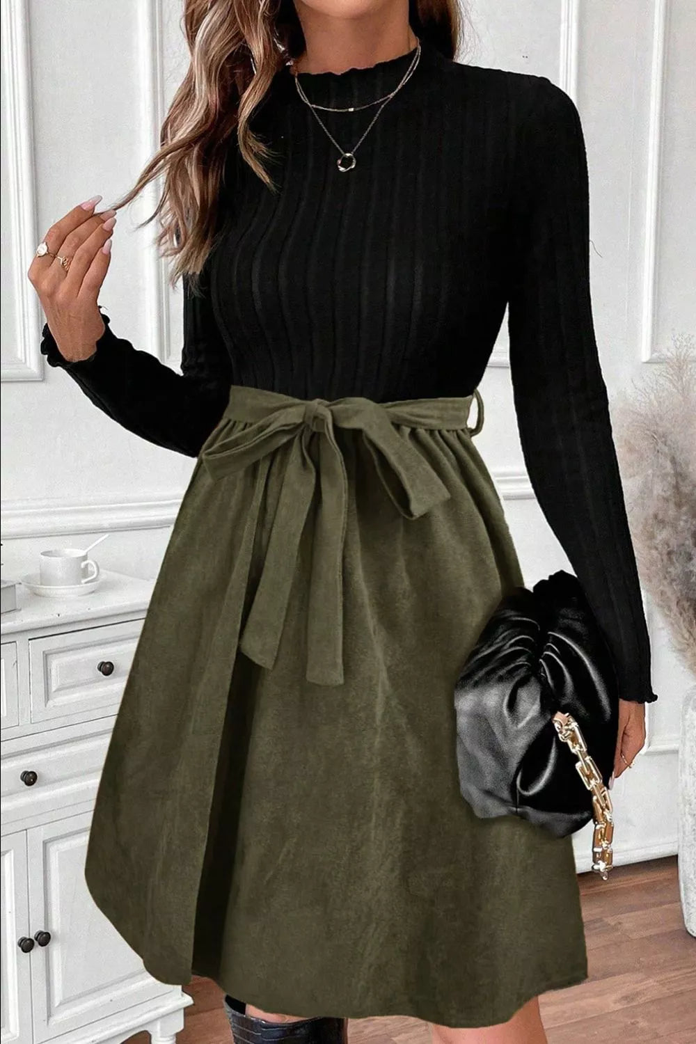 Ribbed Tie Waist A-Line Dress Main image