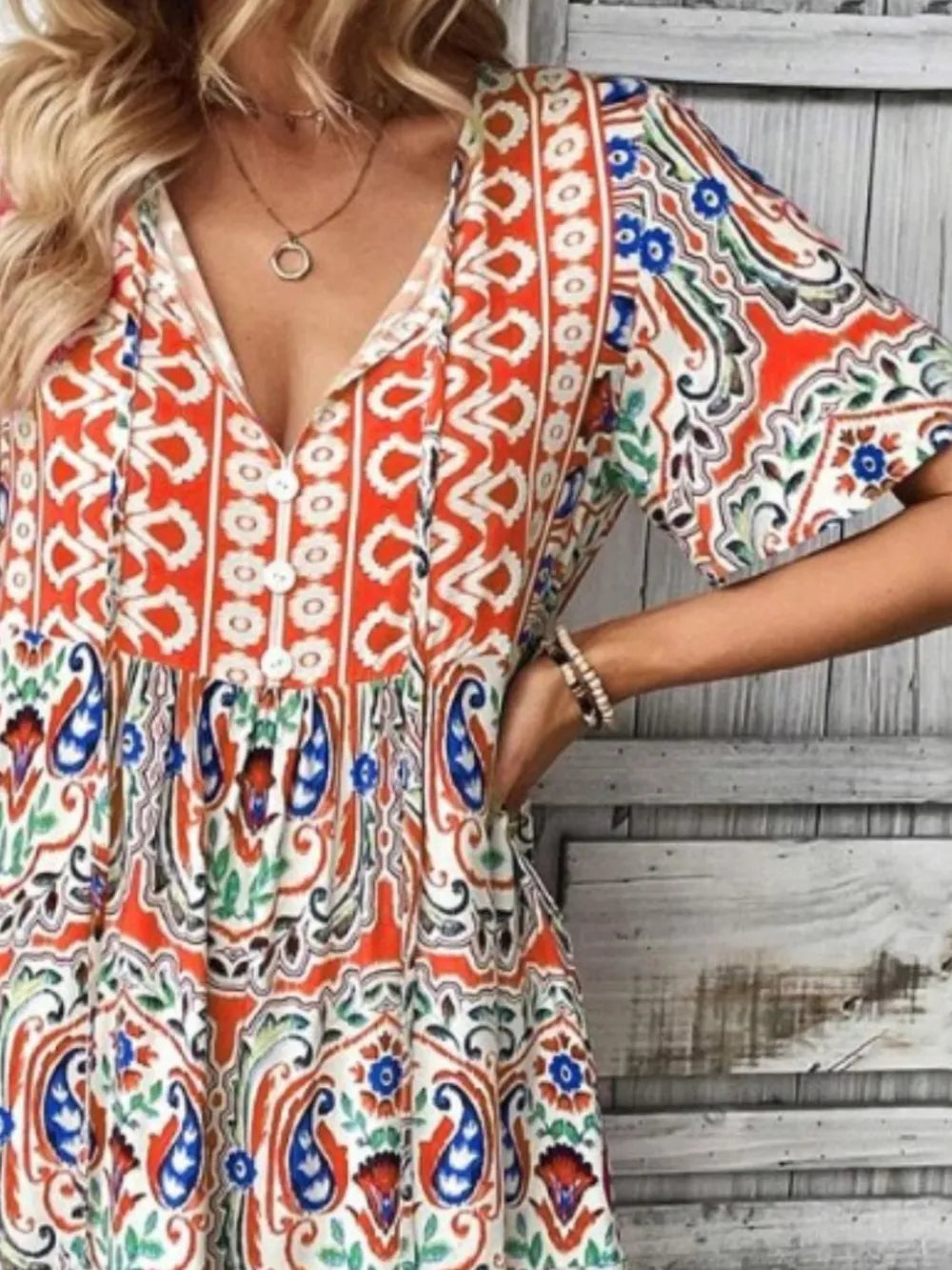 Printed Tie Neck Short Sleeve Dress view 9 - Shopiebay