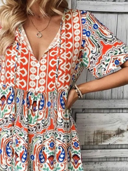 Printed Tie Neck Short Sleeve Dress view 9 - Shopiebay