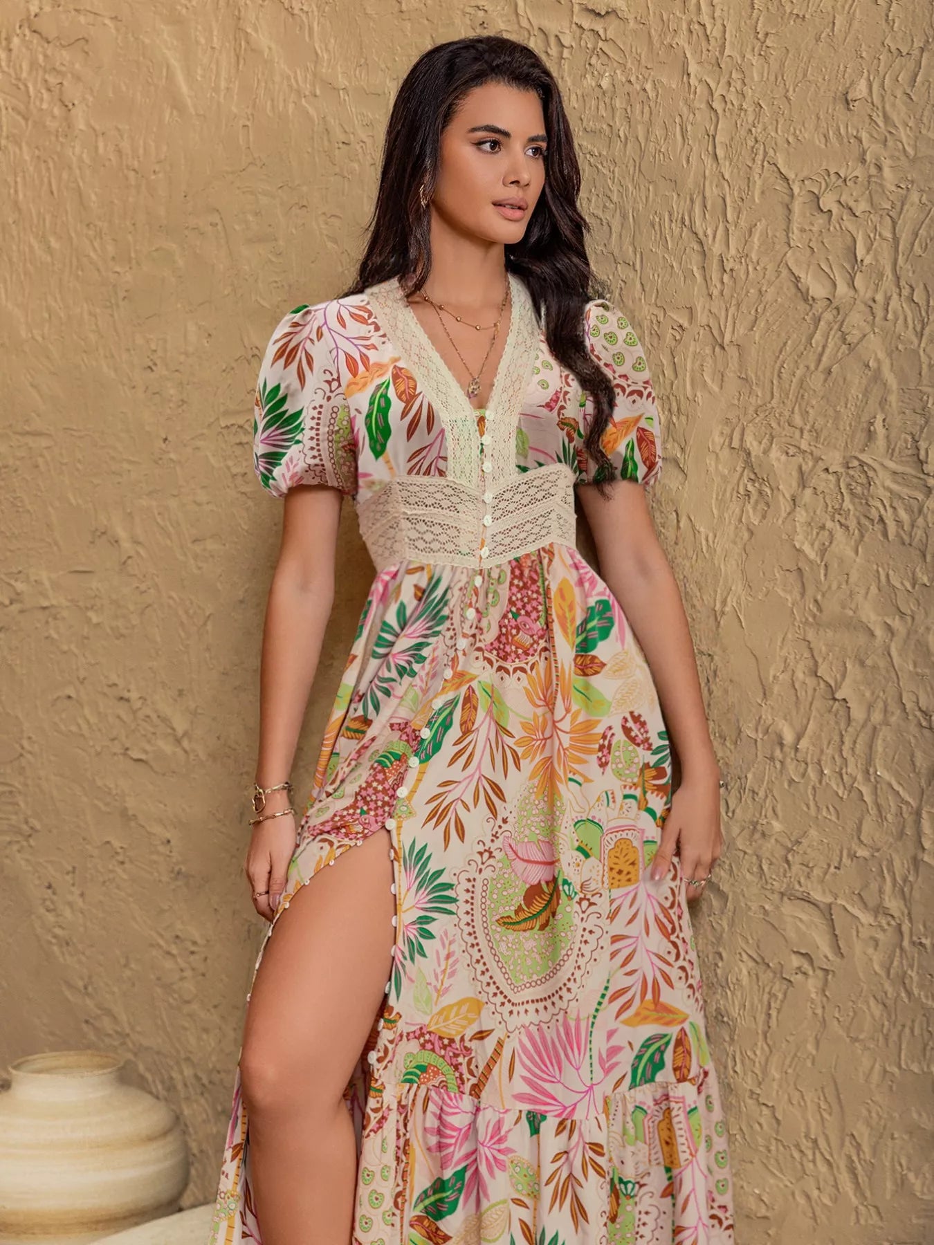 Lace Trim Floral Print Puff Sleeve Dress view 3 - Shopiebay