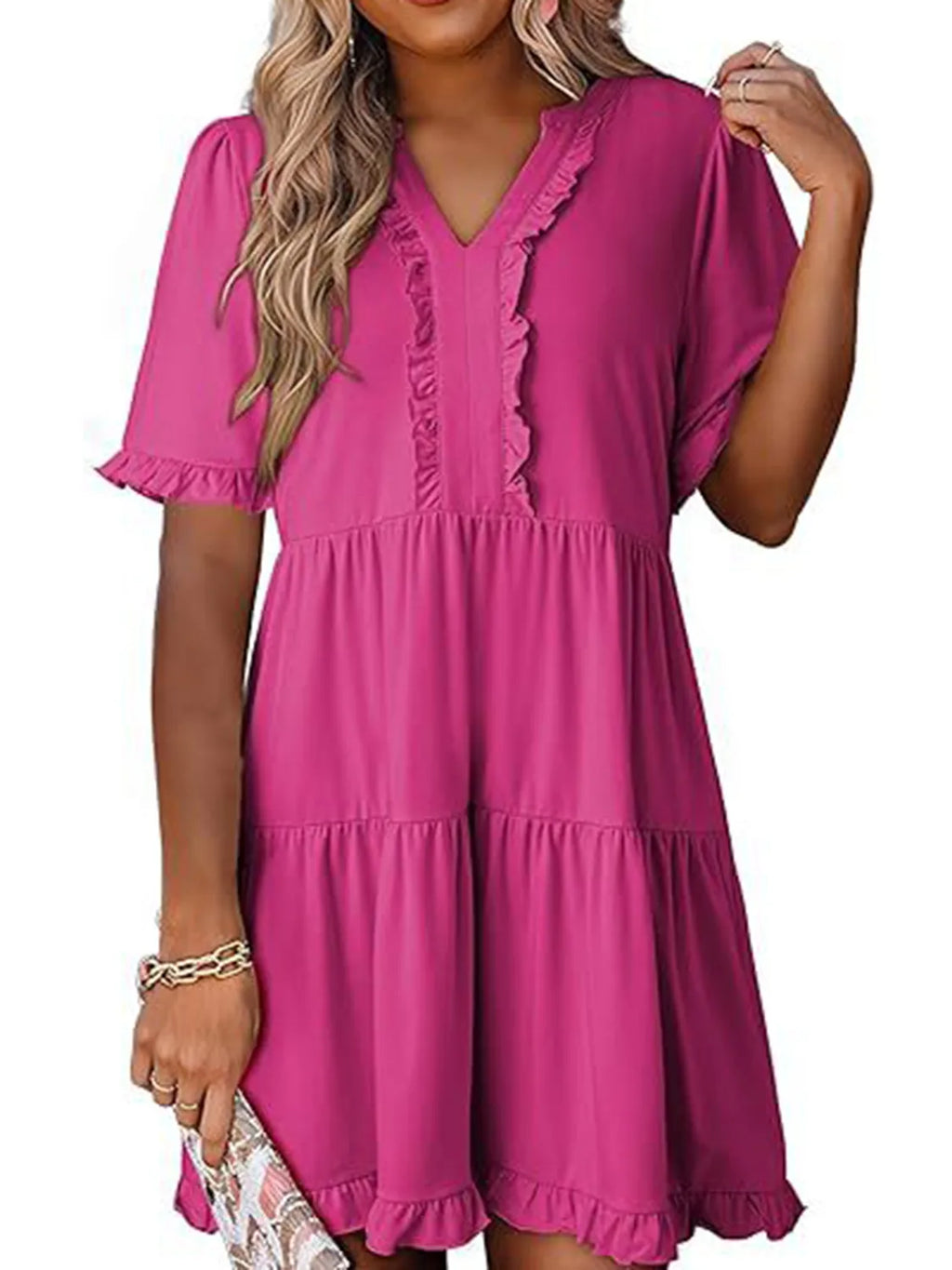 Tiered Notched Short Sleeve Mini Dress - product image 7