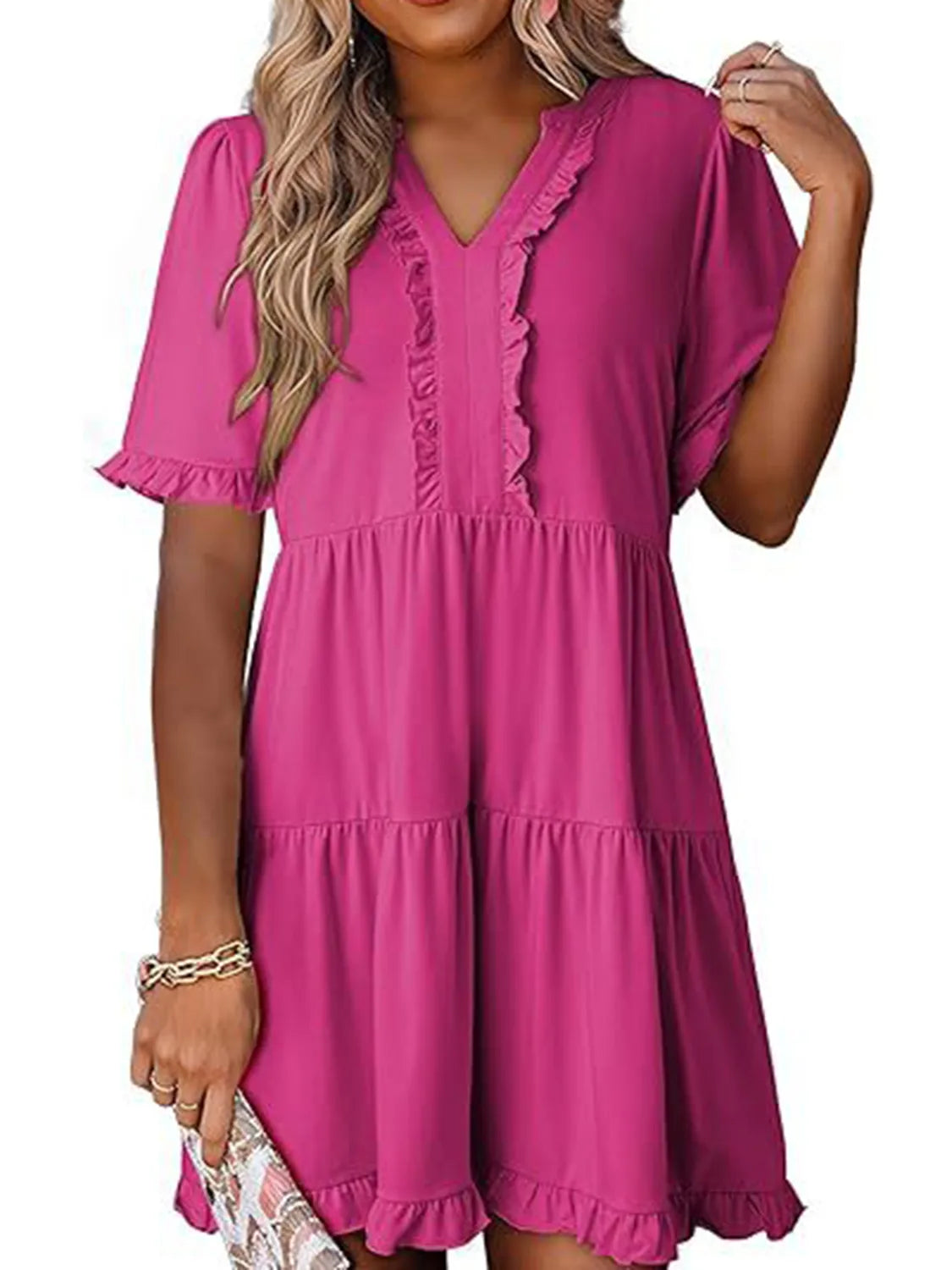 Tiered Notched Short Sleeve Mini Dress - product image 7