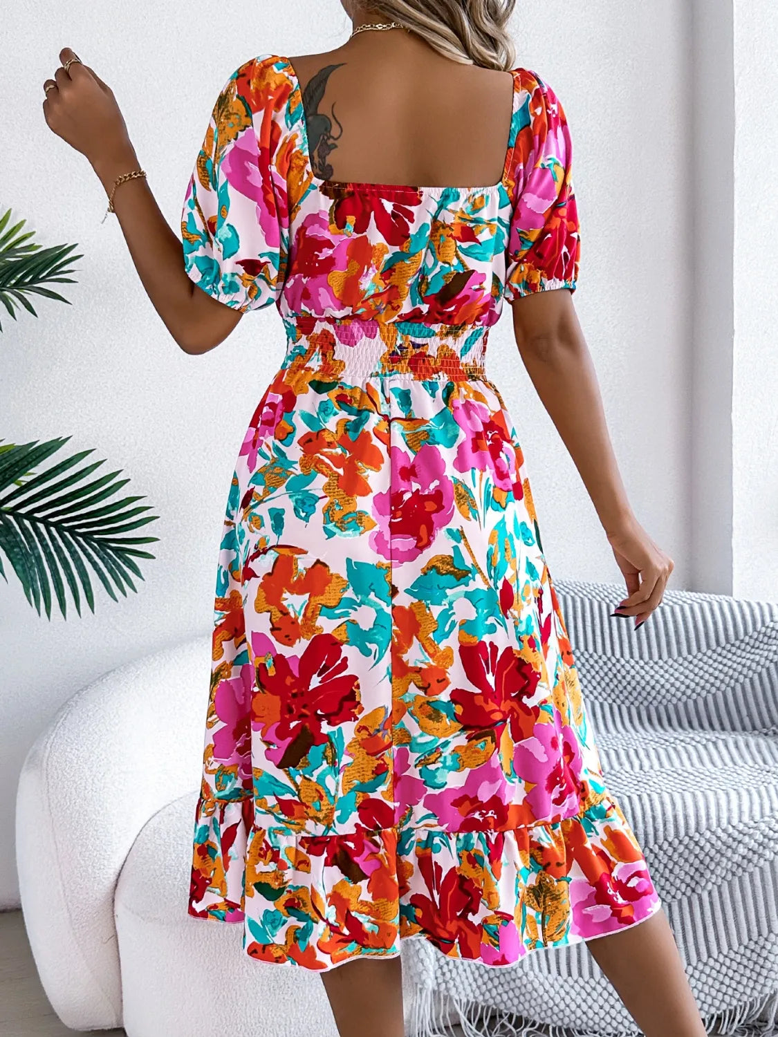 Ruffled Hem Smocked Floral Short Sleeve Midi Dress - product image 4