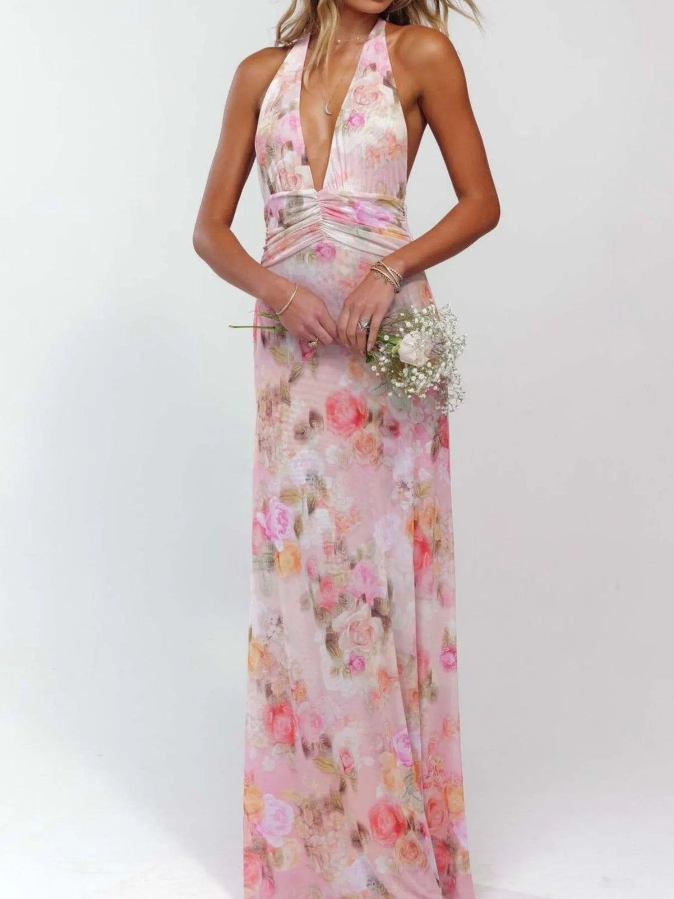 Floral Halter Neck Deep V Maxi Dress - Shopiebay women's boutique