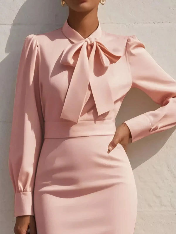 Bow Tie Neck Long Sleeve Bodycon Dress - product image 5