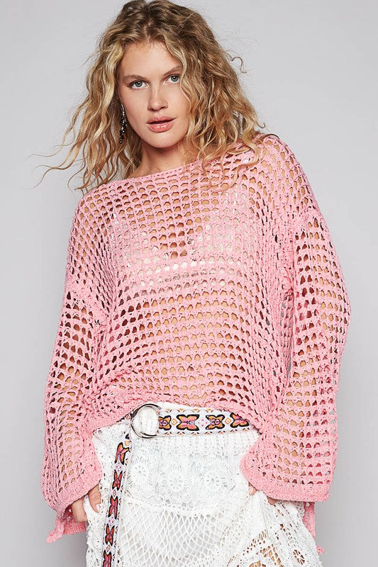 POL Side Slit Openwork Long Sleeve Knit Cover Up