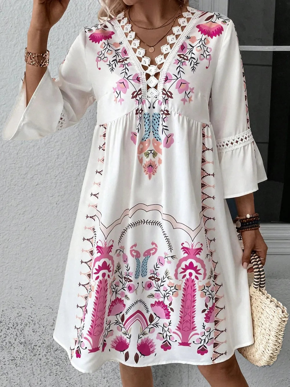 Lace Detail Printed Three-Quarter Sleeve Dress - product image 4