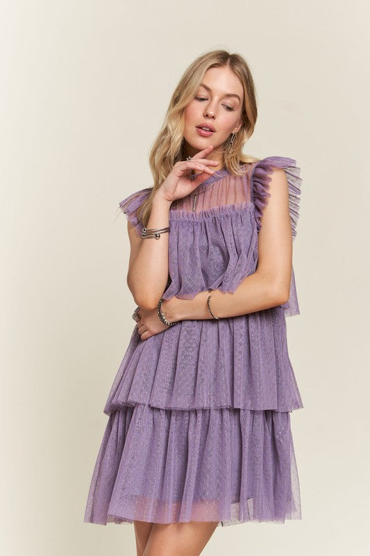 ADORA Layered Ruffled Cap Sleeve Mesh Dress