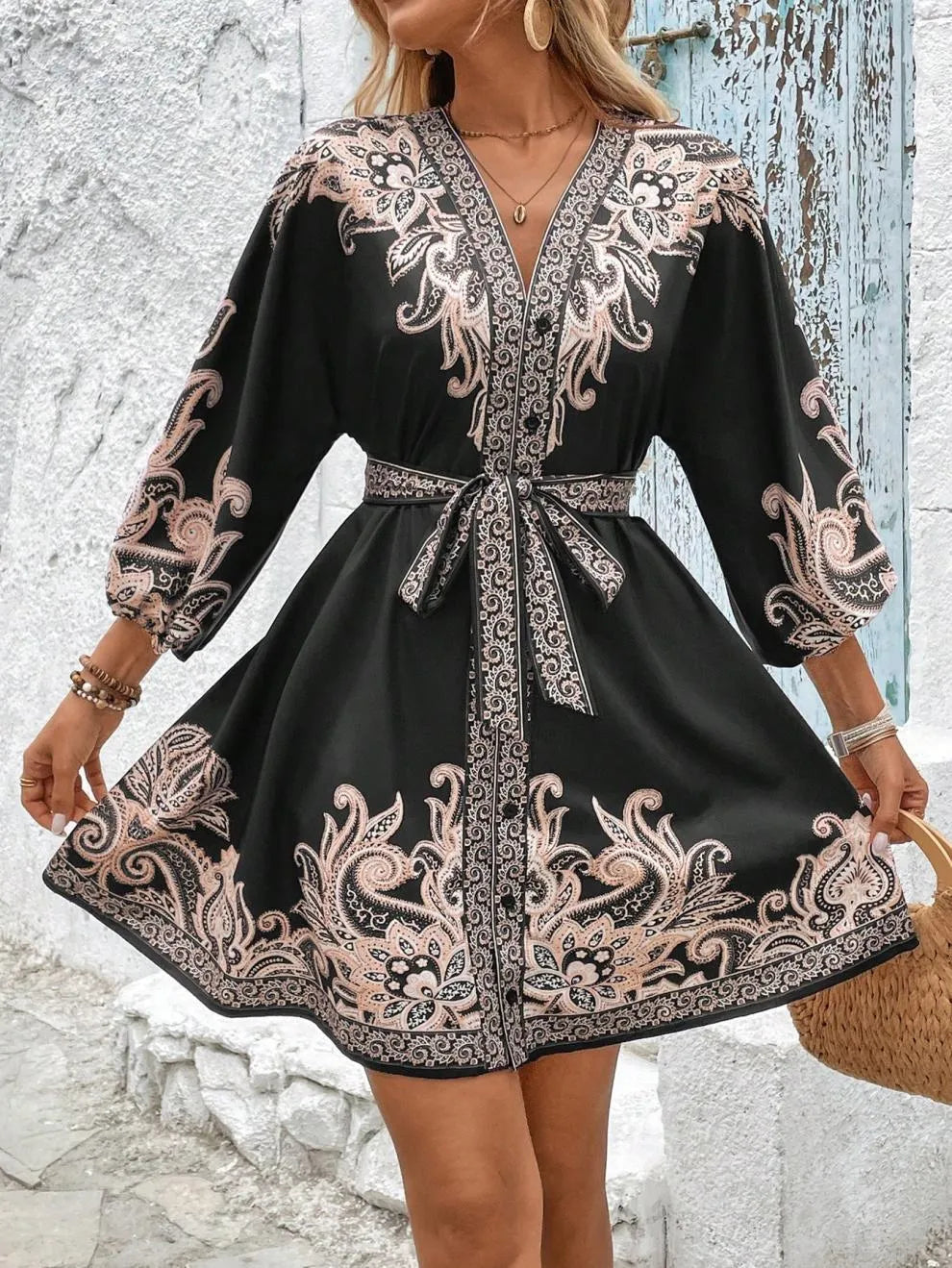 Paisley V-Neck 3/4 Sleeve Mini Dress - product image 16