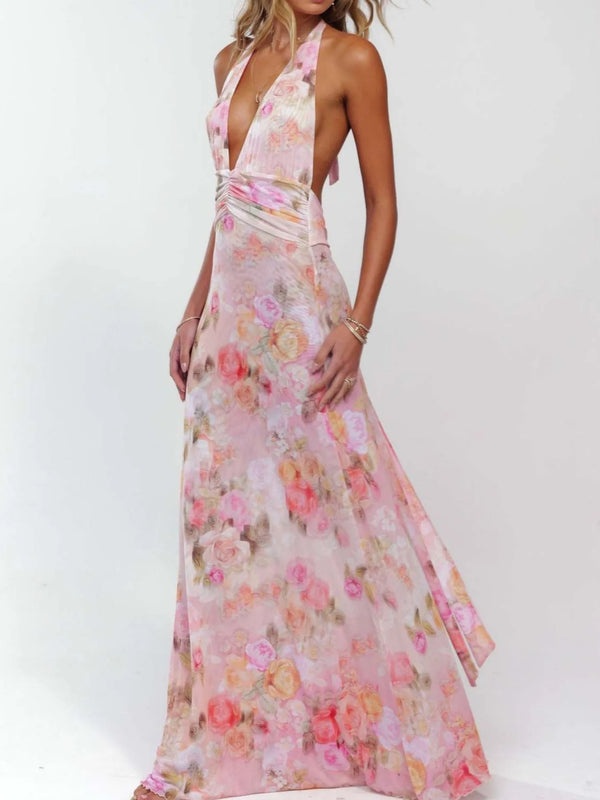 Floral Halter Neck Deep V Maxi Dress view 3 - Shopiebay